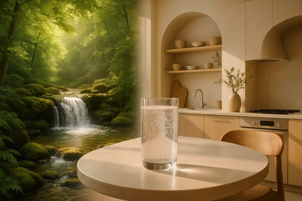 Wasserfall und Glas sauberes Wasser - Umwelt und Gesundheit sind wichtig