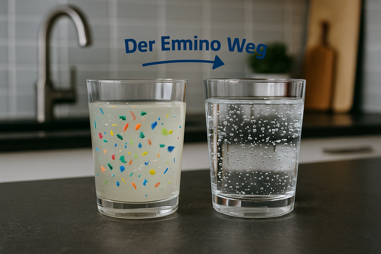 zwei Wassergläser, eines mit PFAS verschmutzt, das andere von PFAS gereinigt - PFAS aus dem Trinkwasser entfernen