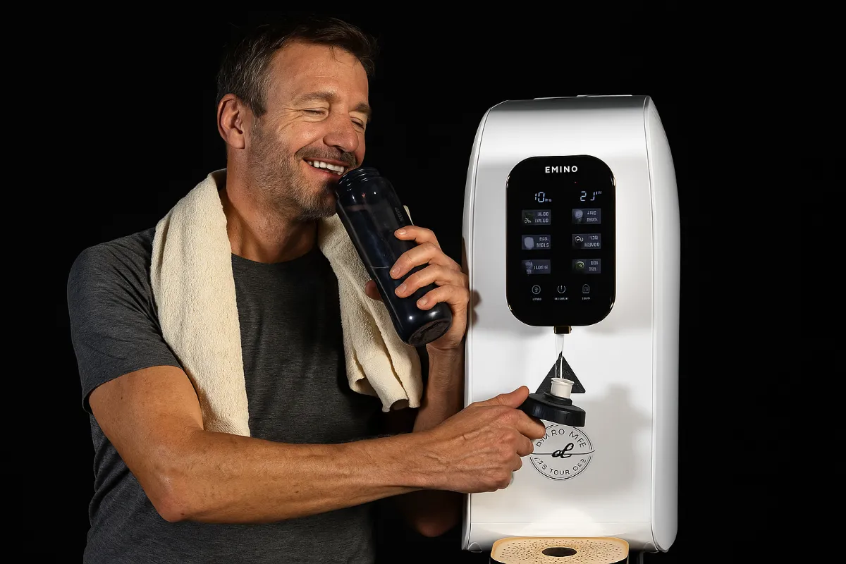 Sportlicher Mann füllt Flasche mit Osmosewasser an der Wasserbar