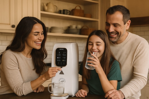 Familie füllt Glas an Emino Wasserbar in einer Landhausküche - Vater Mutter Kind