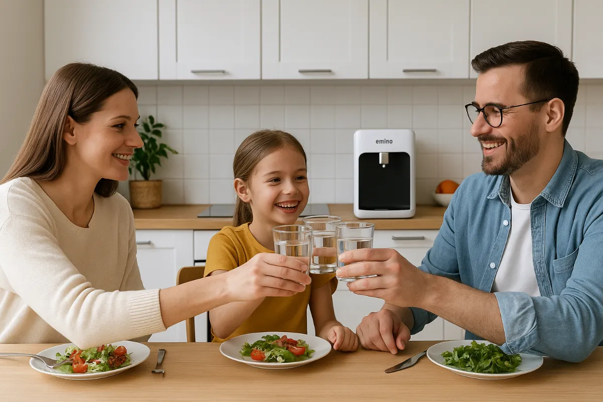 Familie genießt reines Wasser aus der Emino Wasserbar