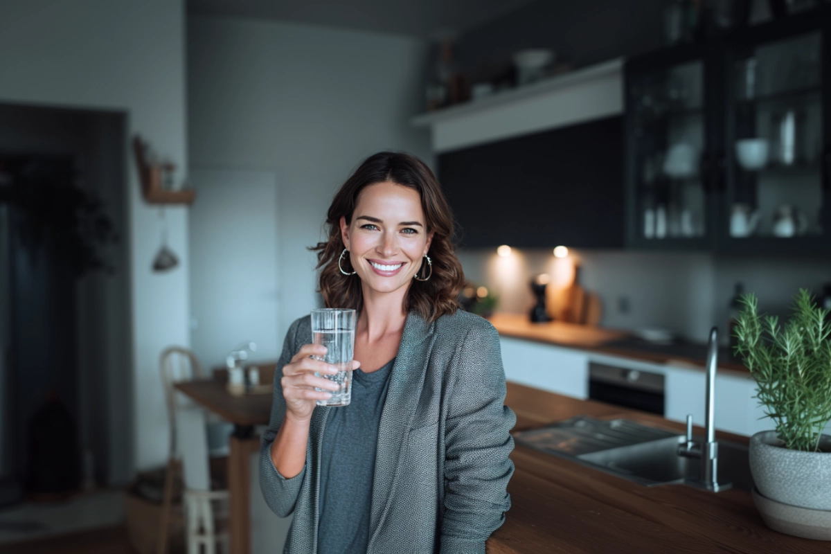 Eine sportliche Frau steht in der Küche und trinkt ein Glas klares und reines Wasser aus der Wasserfilteranlage