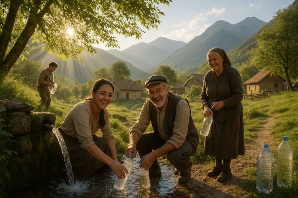Dorfbewohner schöpfen sauberes Quellwasser – Wasser als Menschenrecht und Bedeutung von reinem Trinkwasser für ihre Gesundheit
