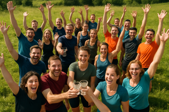 Auf einer Wiese jubelnde Menschengruppe mit Wassergläsern