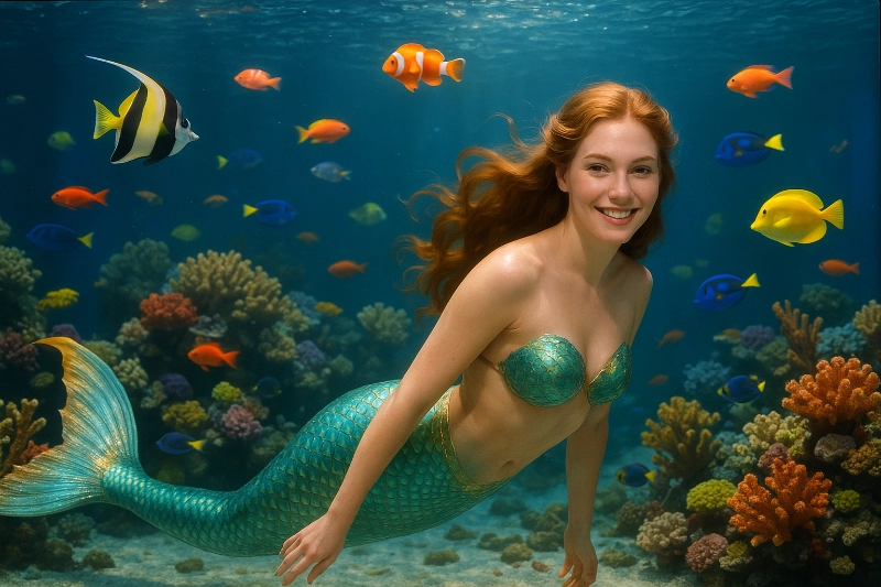 Meerjungfrau schwimmt fröhlich durch das reine Wasser der Umkehrosmose in einem Aquarium - ihrem Pool