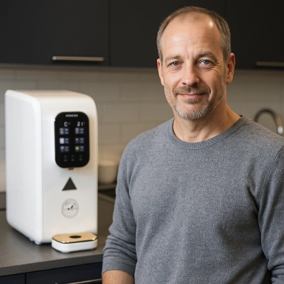 Peter G. in der Büroküche mit der Emino Wasserbar