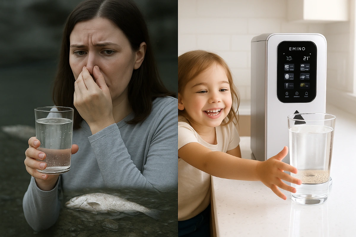 Umkehrosmose vs. Aktivkohle Frau riecht an ihrem wasser und es riecht nicht gut, auf der anderen Seite greift ein Kind glücklich nahc einem Glas Wasser aus der Emino Wasserbar