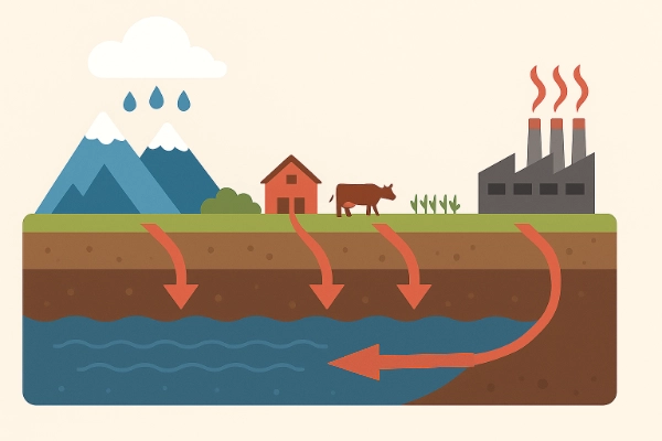 Infografik: Wie Schadstoffe in den Wasserkreislauf gelangen und Bedeutung von reinem Trinkwasser