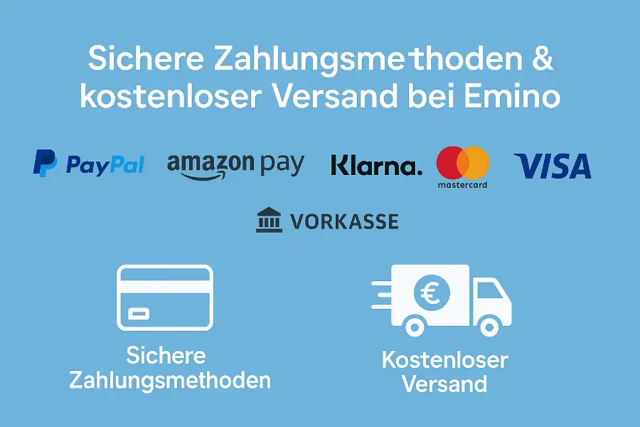 Emino: Sichere Zahlungsmethoden und kostenloser Versand – Übersichtsgrafik