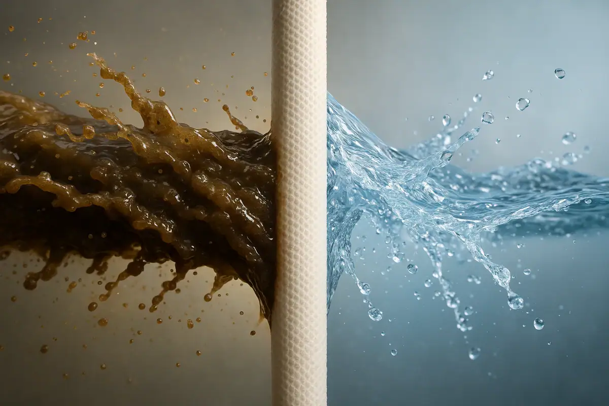 Wie Umkehrosmose in einer Trinkwasser Osmoseanlage funktioniert: Nur reine Wassermoleküle passieren die Membran.