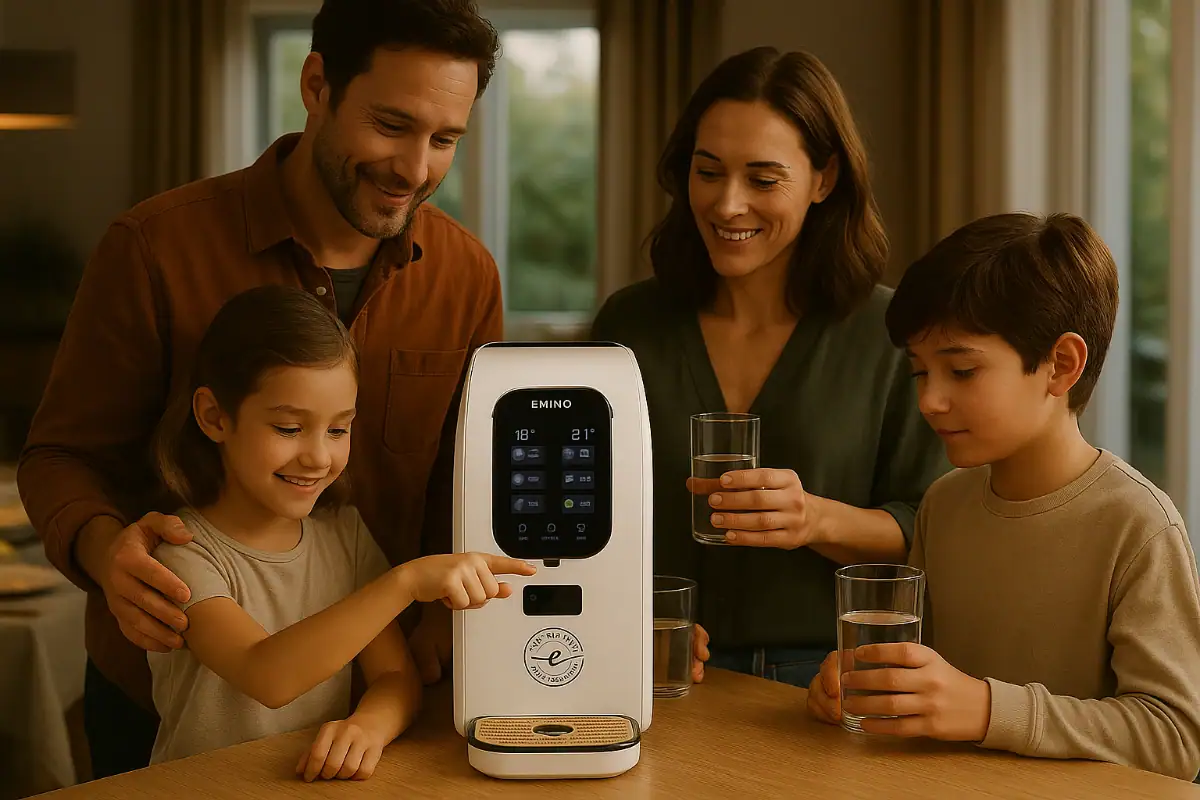 Familie genießt frisch gefiltertes Wasser mit der Emino Wasserbar