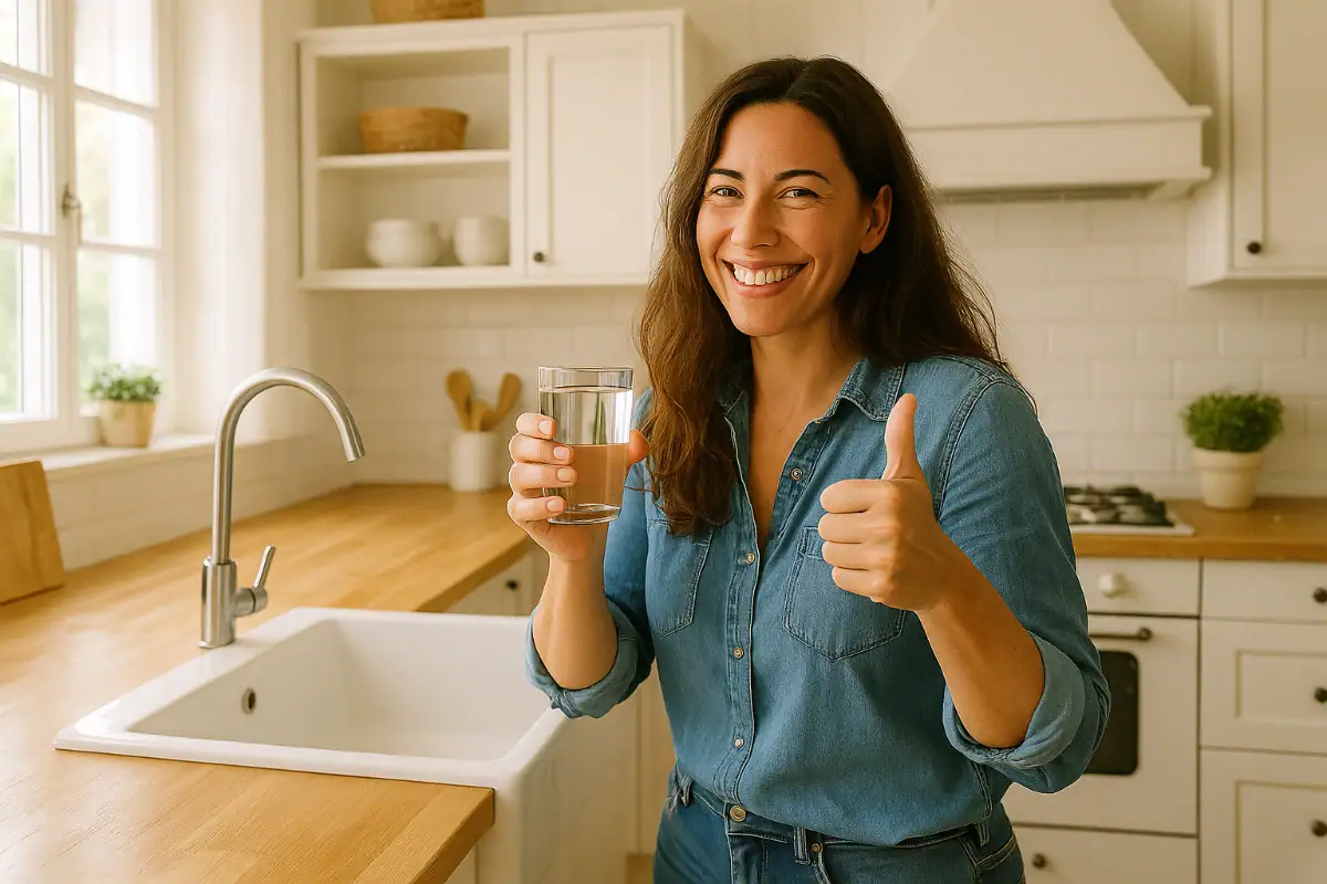 Frau trinkt reines Wasser aus einer Osmoseanlage mit Wasseranschluss, keine Plastikflaschen auf dem Tisch.