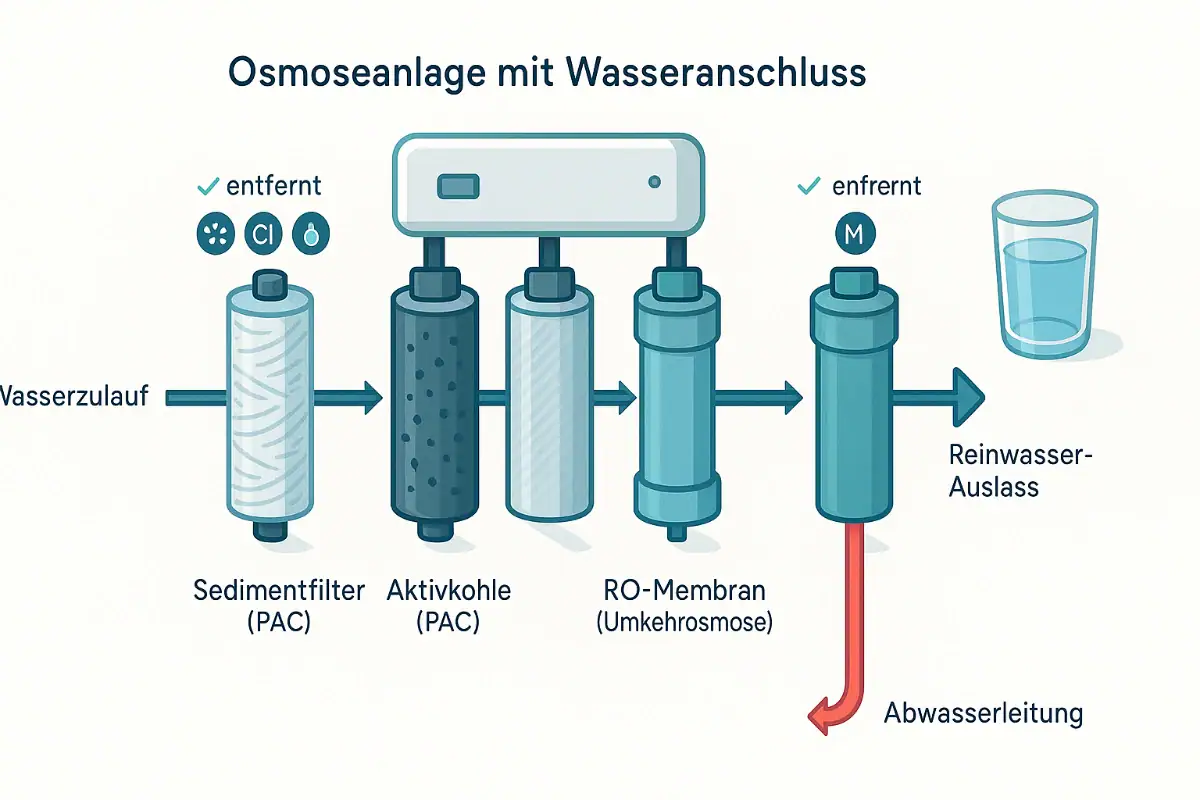 Schnittgrafik einer Osmoseanlage mit Wasseranschluss, die Sediment‑ und Aktivkohlefilter sowie Membran zeigt.